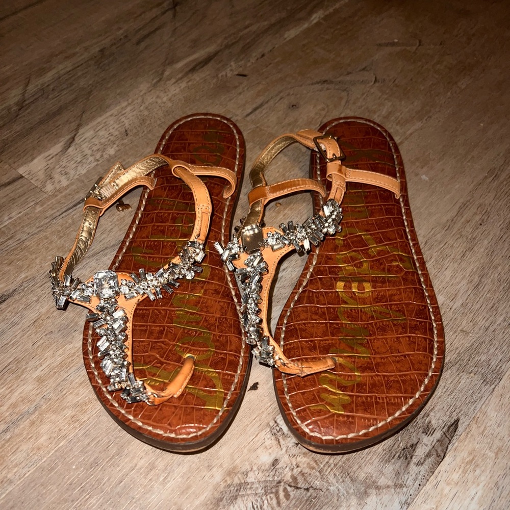 Sam Edelman rhinestone gem tan cognac leather thong strap  sandal size 8